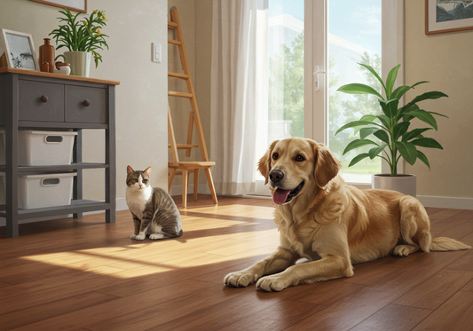 Un pero y un gato en una casa que tiene un ambiente limpio, iluminado y acogedor