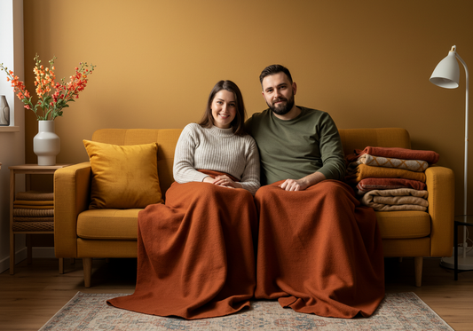 Pareja en un sillon tapados con una manta