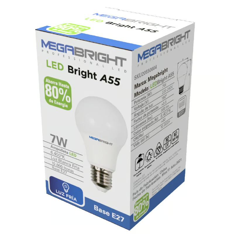 Ampolleta Led Megabright 7 Watts E-27 Modelo A55 Luz Fria
