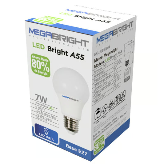 Ampolleta Led Megabright 7 Watts E-27 Modelo A55 Luz Fria