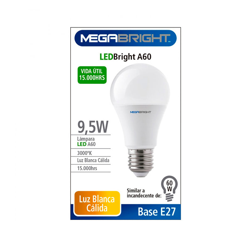 Ampolleta Led Megabright 9,5 Watts E-27 Modelo A60 Luz Calida