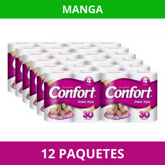 PAPEL HIGIENICO CONFORT MANGA 12 PAQUETES 4 ROLLOS 30 METROS