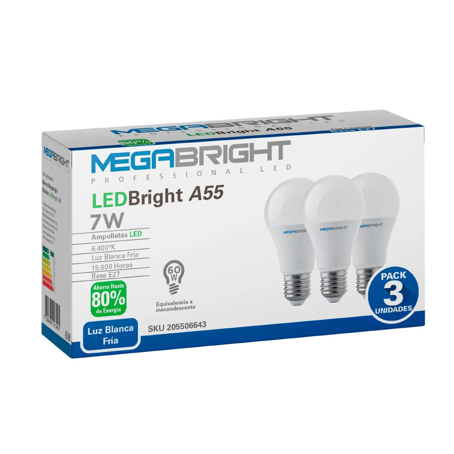 Ampolleta Led Megabright 7 Watts E-27 Modelo A55 Luz Fria Pack 3 Unidades
