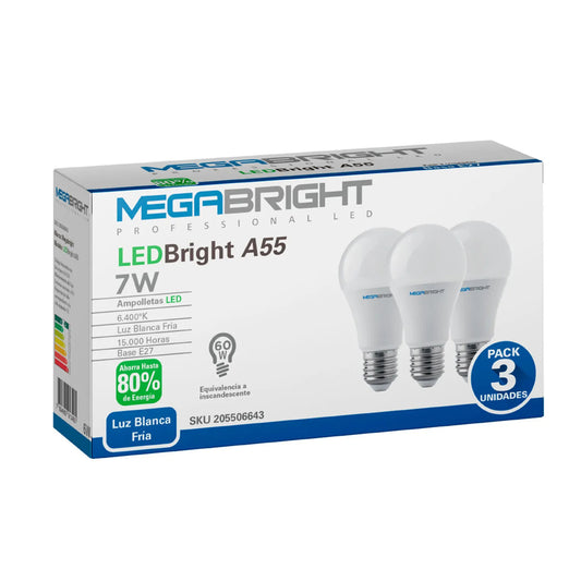 Ampolleta Led Megabright 7 Watts E-27 Modelo A55 Luz Fria Pack 3 Unidades