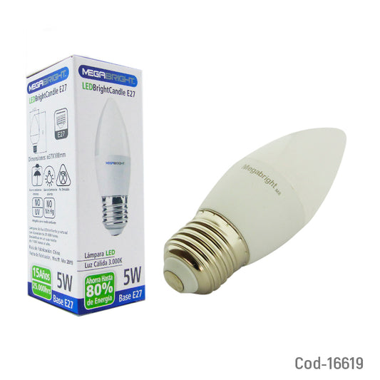 Ampolleta Led Megabright 5 Watts E-27 Modelo Vela Luz Calida